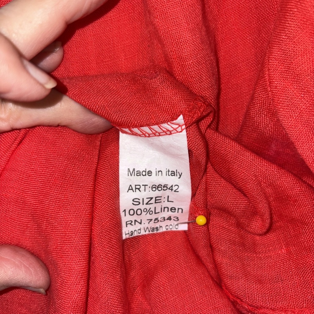 Linen Dress Lungo L' Arno Italy Womens Sz L Red Tie sleeve Lace Boho Beach NWT - Picture 9 of 11